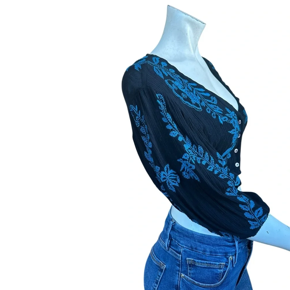 Free People Black Blue Gauze Embroidered Fairy Puff Sleeve Button Down Crop Top